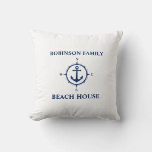 Jouw naam Beach House Compass Anchor White Kussen