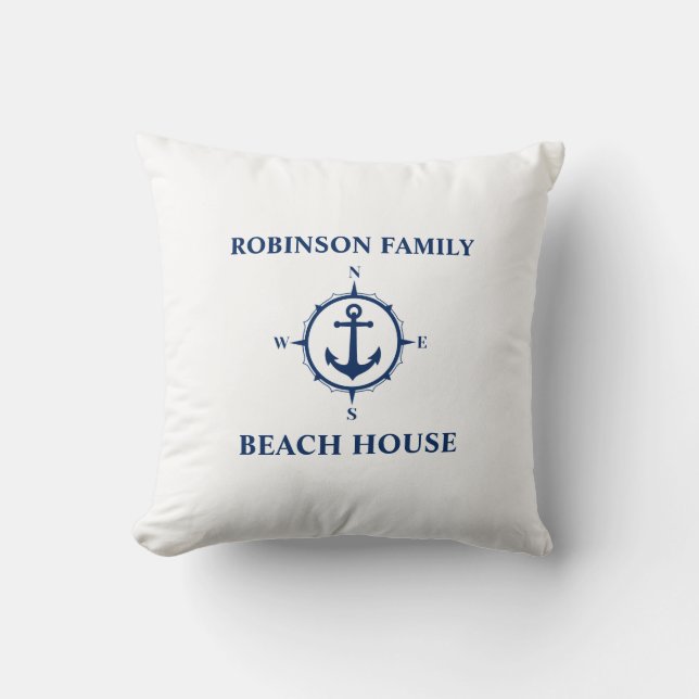 Jouw naam Beach House Compass Anchor White Kussen (Voorkant)
