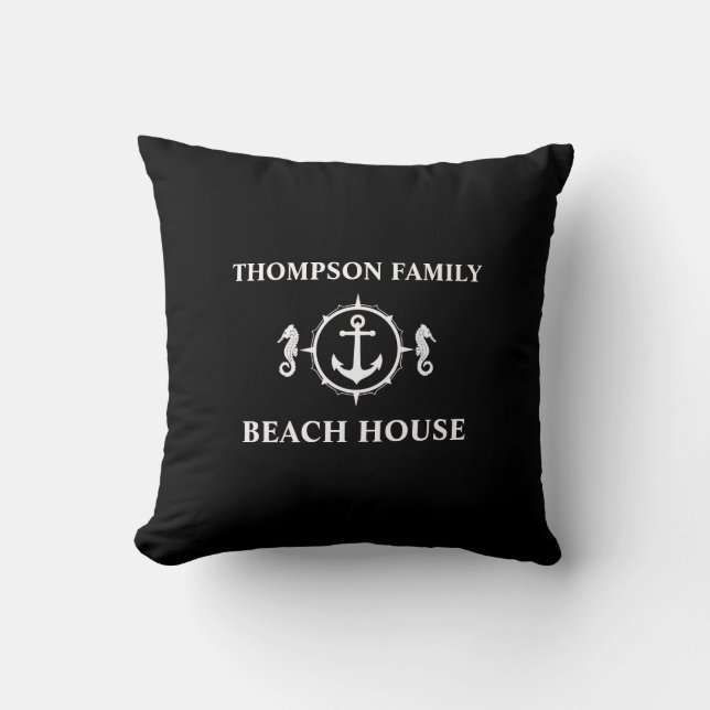 Jouw naam Beach House Seahorse Anchor Black sh0a Kussen (Voorkant)