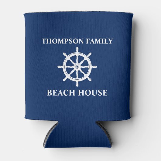 Jouw naam Beach House Shield Wheel Helm Navy Blue Blikjeskoeler (Voorkant)