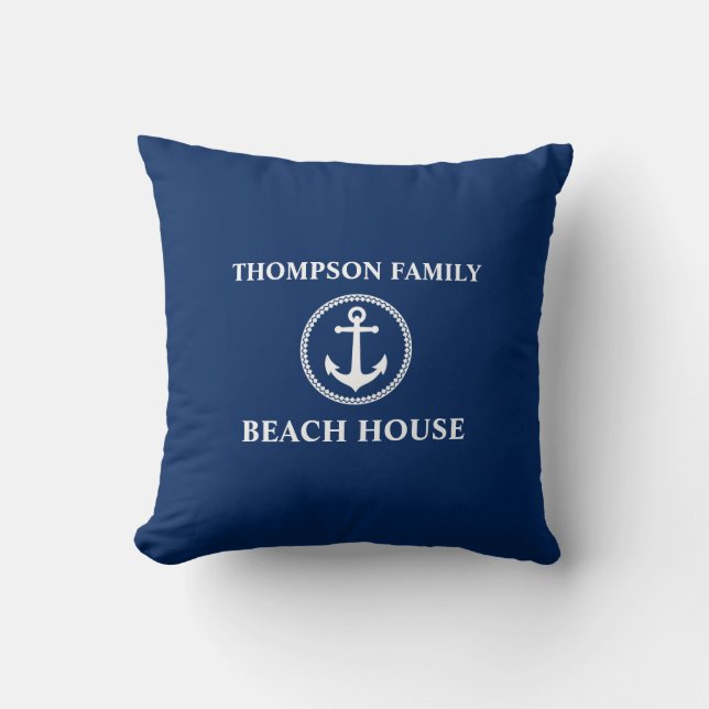 Jouw naam Beach House Zee Anchor Blue Kussen (Voorkant)