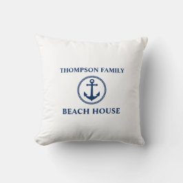 Jouw naam Beach House Zee Anchor Navy Blue White Kussen