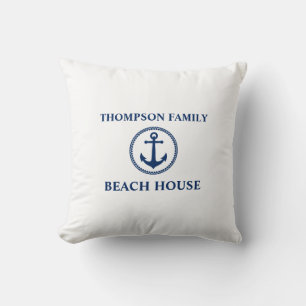 Jouw naam Beach House Zee Anchor Navy Blue White Kussen