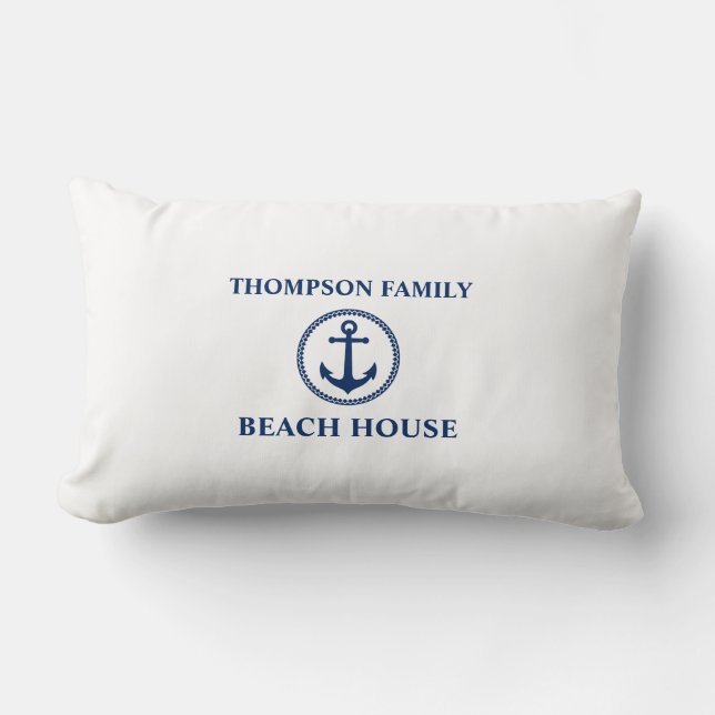 Jouw naam Beach House Zee Anchor Navy on White Kussen (Voorkant)