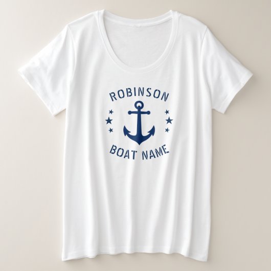 Jouw naam & Boat  Anchor Stars Blue & White Grote Maat T-shirt (Design voorkant)