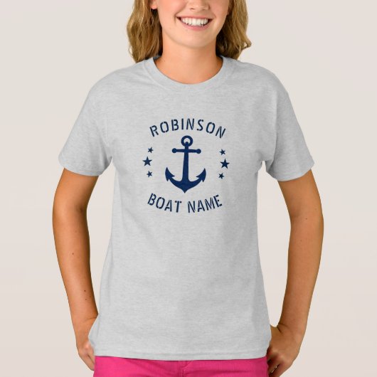 Jouw naam & Boot  Anker Sterren Blauw & Grijs T-shirt (Voorkant)