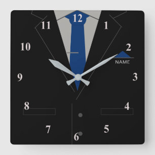 Jouw naam Business Clock Black Suite Blue Necktie Vierkante Klok