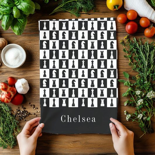 Jouw naam Chess Game Figtern Patroon Black & White Theedoek
