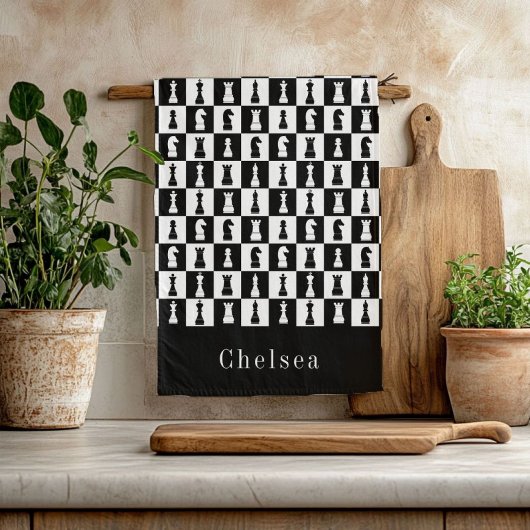 Jouw naam Chess Game Figtern Patroon Black & White Theedoek