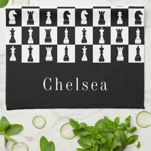 Jouw naam Chess Game Figtern Patroon Black & White Theedoek (Gevouwen)