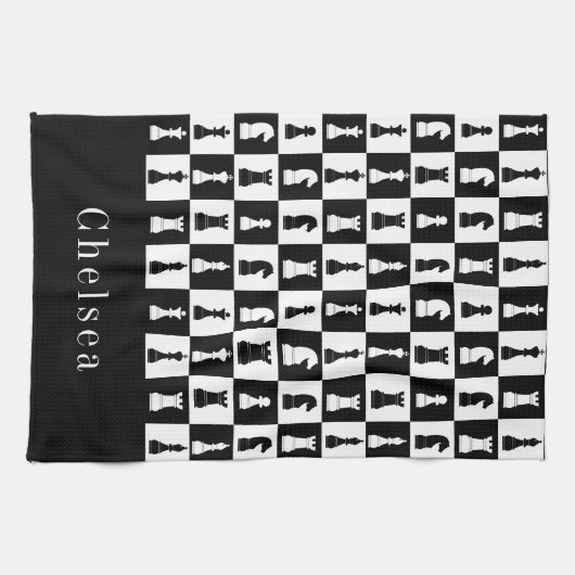 Jouw naam Chess Game Figtern Patroon Black & White Theedoek (Horizontaal)