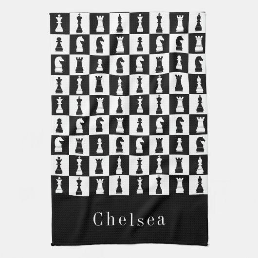 Jouw naam Chess Game Figtern Patroon Black & White Theedoek (Verticaal)
