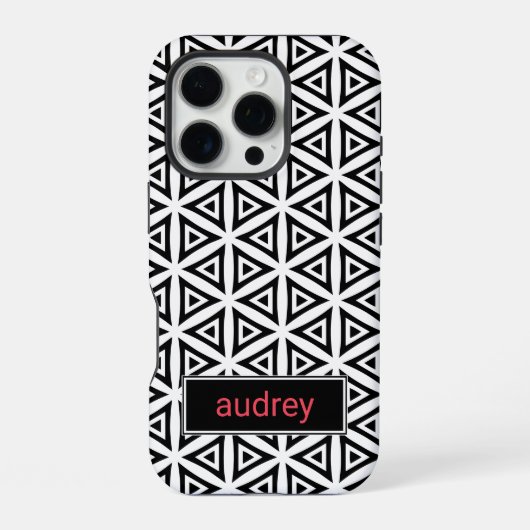 Jouw naam Crisp driehoekig zwart-wit patroon iPhone Hoesje (Achterkant)