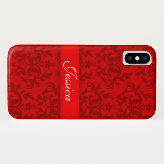 Jouw naam damask rode iPhone case (Achterkant (horizontaal))