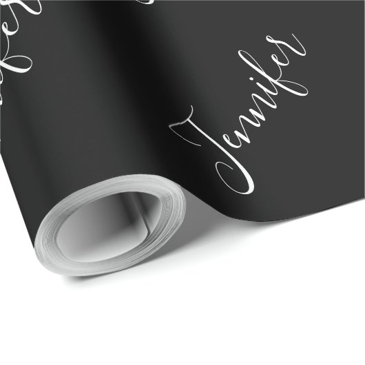 Jouw naam | Elegant wit script op zwart Cadeaupapier (Rol Hoek)