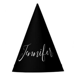 Jouw naam   Elegant wit script op zwart Feesthoedjes