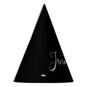 Jouw naam | Elegant wit script op zwart Feesthoedjes (Links)