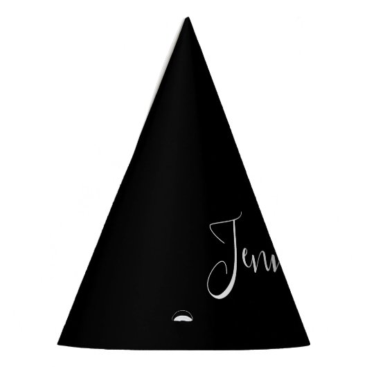 Jouw naam | Elegant wit script op zwart Feesthoedjes (Links)