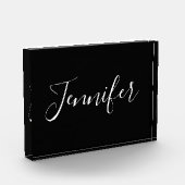 Jouw naam | Elegant wit script op zwart Fotoblokken (Links)