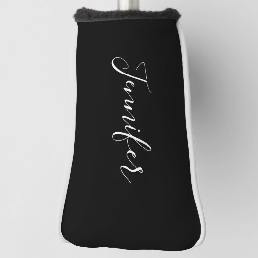 Jouw naam | Elegant wit script op zwart Golfheadcover (Draai 90)
