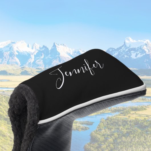 Jouw naam | Elegant wit script op zwart Golfheadcover