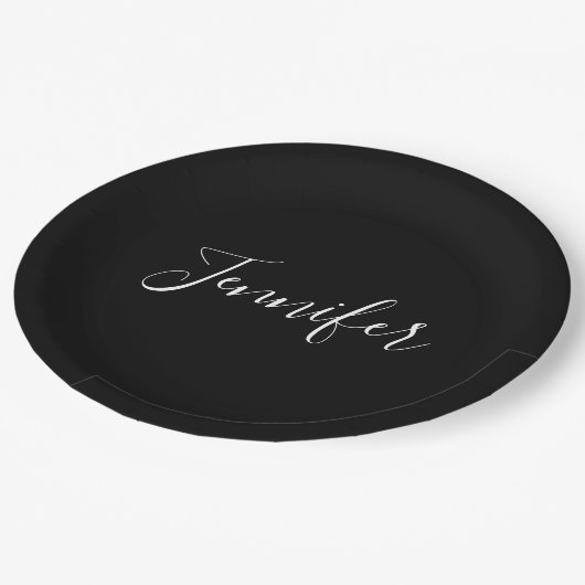 Jouw naam | Elegant wit script op zwart Papieren Bordje (Gekanteld)