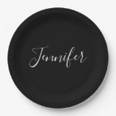 Jouw naam | Elegant wit script op zwart Papieren Bordje (Voorkant)