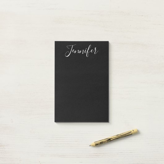 Jouw naam | Elegant wit script op zwart Post-it® Notes (Op bureau)