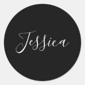Jouw naam | Elegant wit script op zwart Ronde Sticker (Voorkant)