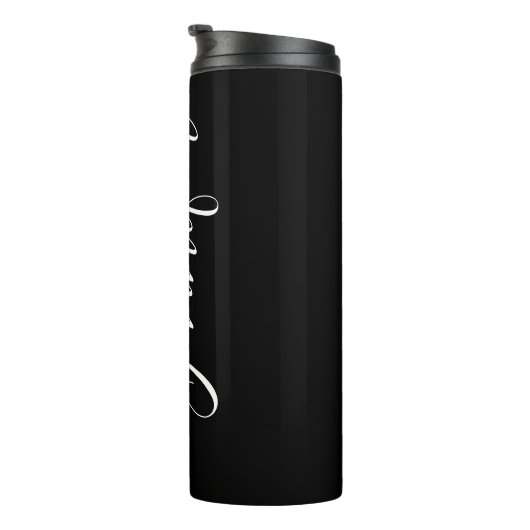 Jouw naam | Elegant wit script op zwart Thermosbeker (Geroteerd rechts)