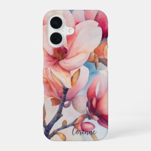 Jouw naam Elegante Roze Magnolia Bloesems iPhone 16 Hoesje