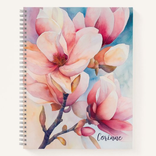 Jouw naam Elegante Roze Magnolia Bloesems Notitieboek (Voorkant)