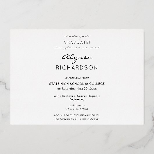 Jouw naam en foto Afstuderen donkere Folie aankond Folie Uitnodiging (Achterkant)