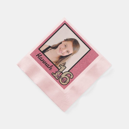 Jouw naam en foto's gezoet 16 met roze glitter servet (Hoek)