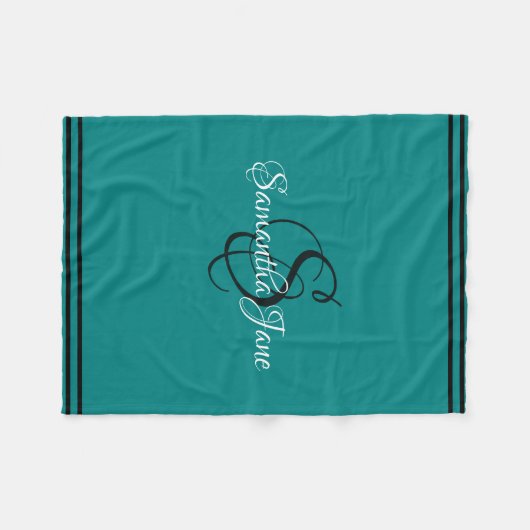 jouw naam en Initiaal Blauwgroen zwart-witscript - Fleece Deken (Voorkant (Horizontaal))