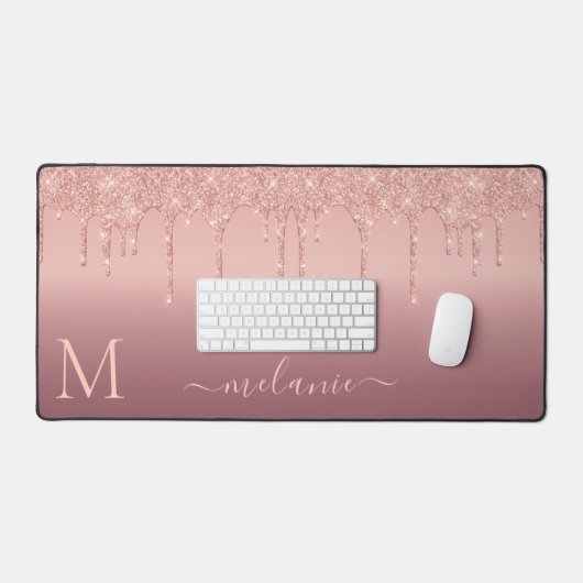 Jouw naam en Letter Roos Gouden Blush Glitter Bureaumat (Keyboard & Muis)