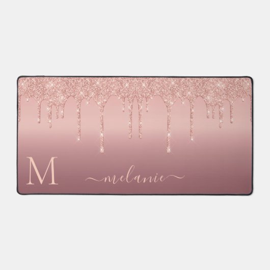 Jouw naam en Letter Roos Gouden Blush Glitter Bureaumat (Voorkant)
