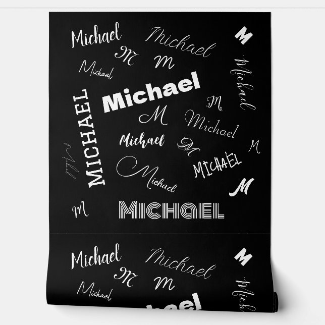 Jouw naam en monogram aangepast patroonzwart behang (Afrollen)