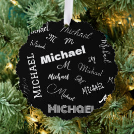 Jouw naam en monogram aangepast patroonzwart ornament kaart