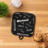 Jouw naam en monogram aangepast patroonzwart pannenlap (Top down)