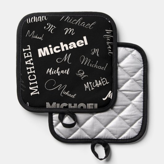 Jouw naam en monogram aangepast patroonzwart pannenlap (Voorkant / Achterkant)