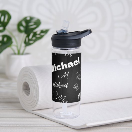 Jouw naam en monogram aangepast patroonzwart waterfles (Links)