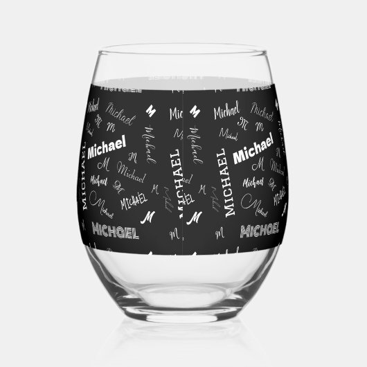 Jouw naam en monogram aangepast patroonzwart wijnglas zonder voet (Rechts)