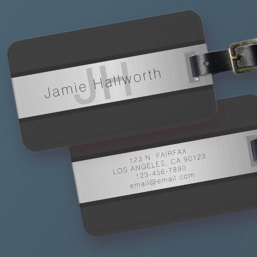 Jouw naam en monogram | Grays & Faux Silver-look Bagagelabel