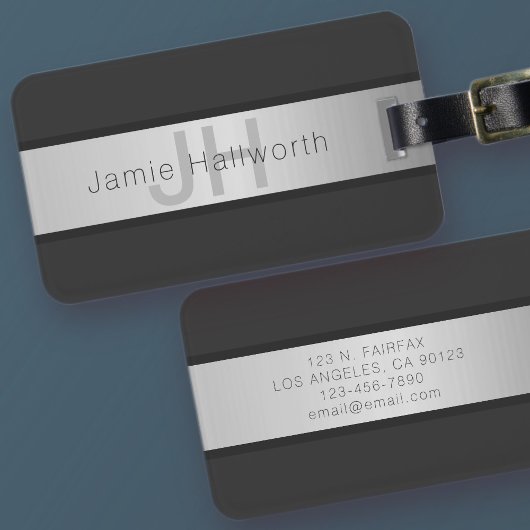 Jouw naam en monogram | Grays & Faux Silver-look Bagagelabel