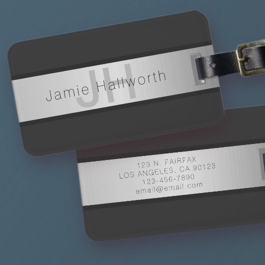 Jouw naam en monogram | Grays & Faux Silver-look Bagagelabel