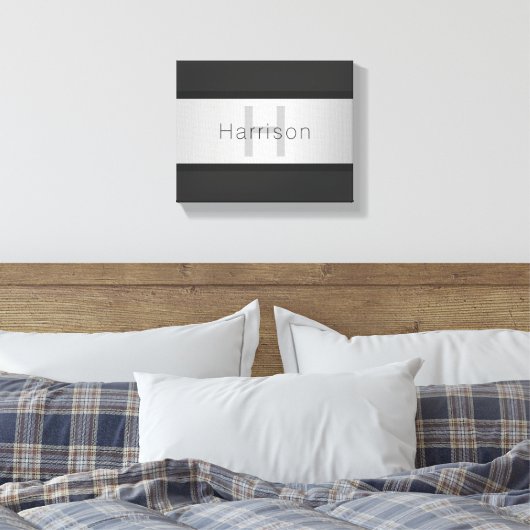 Jouw naam en monogram | Grays & Faux Silver-look Canvas Afdruk (Insitu (Slaapkamer))