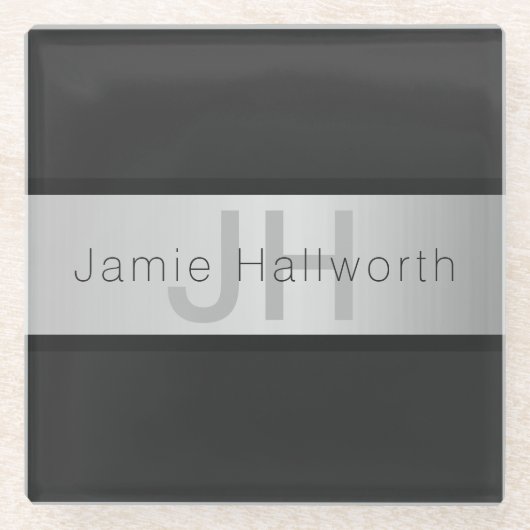 Jouw naam en monogram | Grays & Faux Silver-look Glazen Onderzetter (Voorkant)
