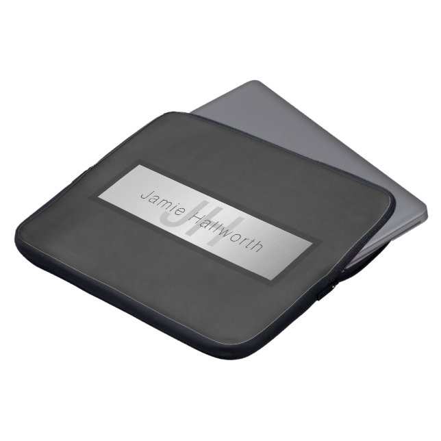 Jouw naam en monogram | Grays & Faux Silver-look Laptop Sleeve (Voorkant top)