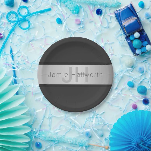 Jouw naam en monogram | Grays & Faux Silver-look Papieren Bordje (Feest)